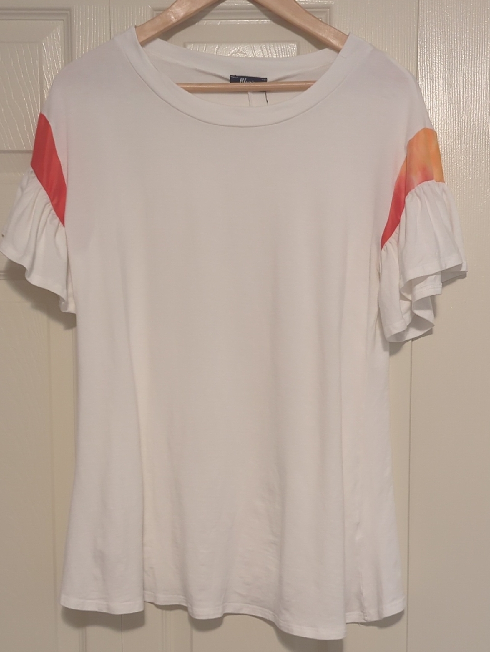 Blumin Casual White Short Sleeve Tee with Coral-Orange Ruffle Sleeves